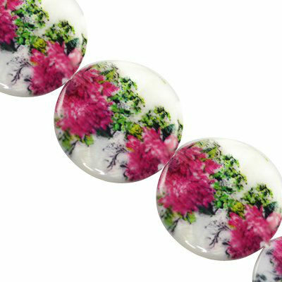 bead flat round 25mm mother of pearl Peonies - f10227