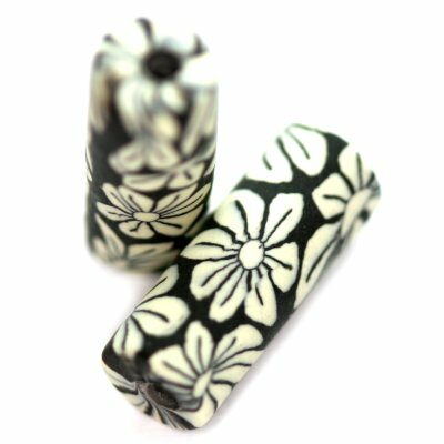 fimo tube 7x16mm (10pcs) black with flower - f3388