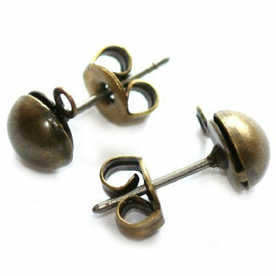post with half bead + ear nut antique - f3049