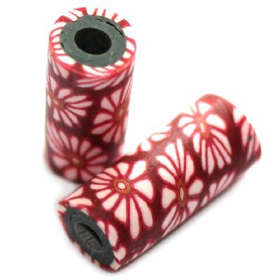 fimo tube 7x16mm (10pcs) red with flower - f3385