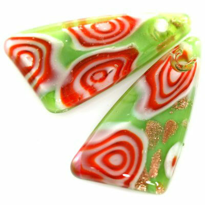 lampwork pendant triangle 17x28mm green in red eyes (2pcs) - f7332