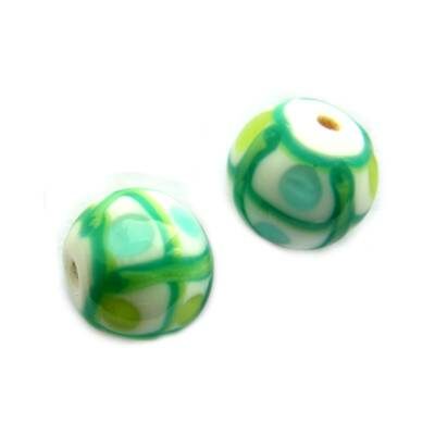 bead round 12mm white green checked (India) - b206-3