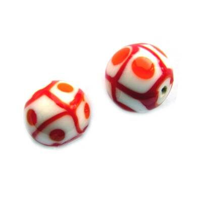 bead round 12mm white red checked (India) - b206-4