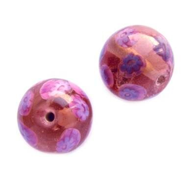 -60% bead round 15mm with flowers (India) pink - b281-318