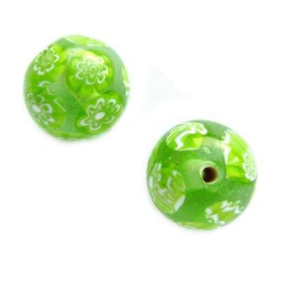 -60% bead round 15mm with flowers (India) green - b281-319