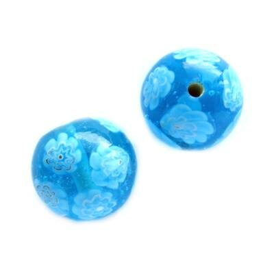 -60% bead round 15mm with flowers (India) blue - b281-327