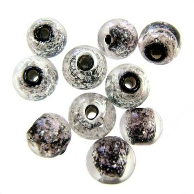 -40% bead round 8mm black with snow (10pcs) India - b355-13