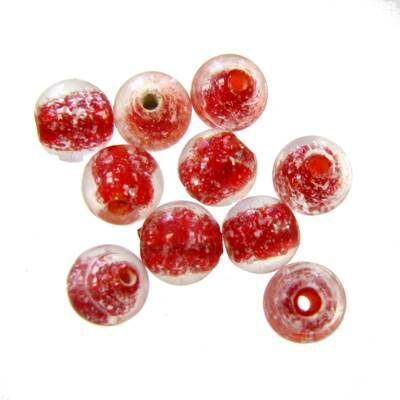 -40% bead round 8mm red with snow (10pcs) India - b355-65