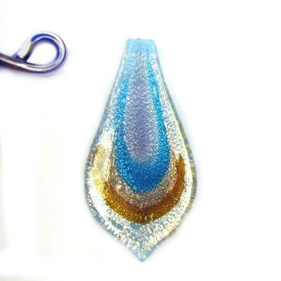 pendant leaf 55x25mm l.blue with gold
