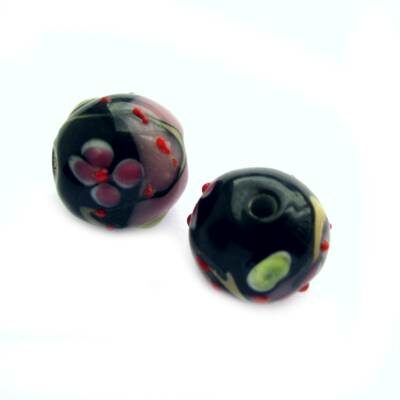 -60% bead round 20mm violet/black with flower - k184