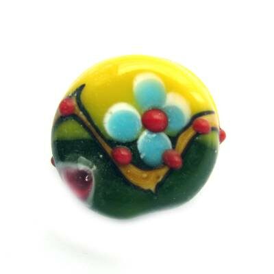-60% bead coin d20mmx11mm yellow/green with flower - k189