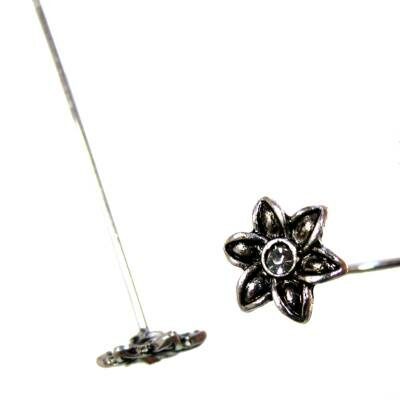 pin with flower and crystal 53x0.8mm antique silver color