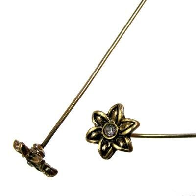 pin with flower and crystal 53x0.8mm antique gold color
