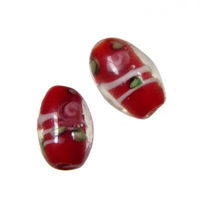 (Latviski) pērle ovāla 16x10mm sarkana/balta ar puķi (6gab)