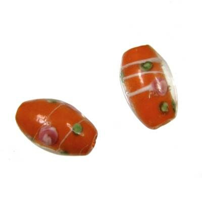 (Latviski) pērle ovāla 16x10mm oranža/balta ar puķi (6gab)