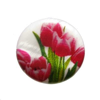 bead flat round mother of pearl decorated with tulips ± 25mm (hole ± 1mm) - s11204